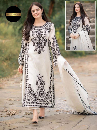 3 Pcs Women's Stitched Organza Embroidered Suit